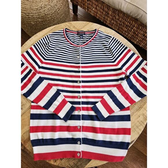 Lands' End Striped Cardigan Sweater Women's M Tall Americana USA - Picture 3 of 7